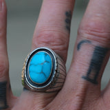 Vintage Sterling Turquoise Ribbed Band Ring 9