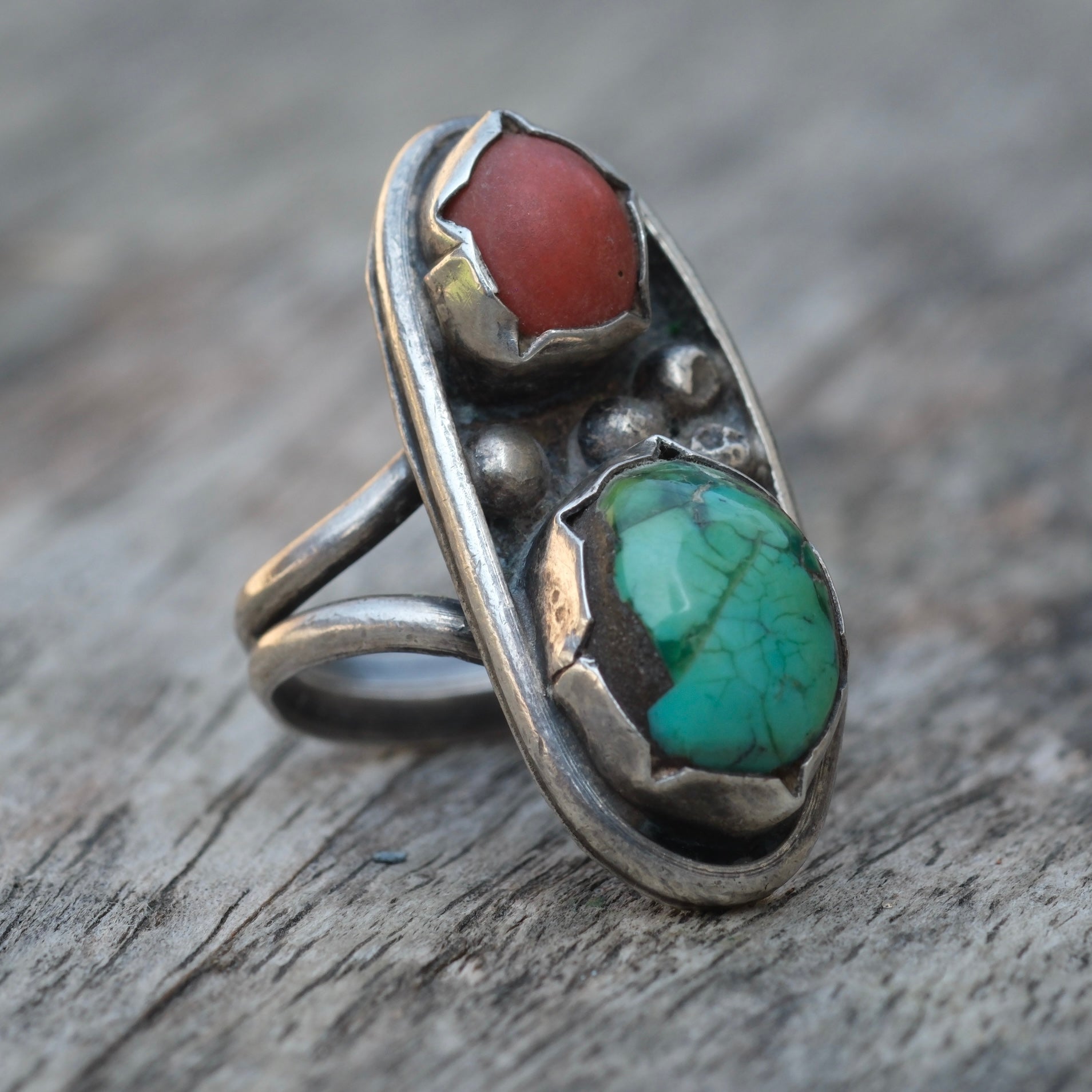 Vintage Sterling Turquoise and Coral Ring 3.5