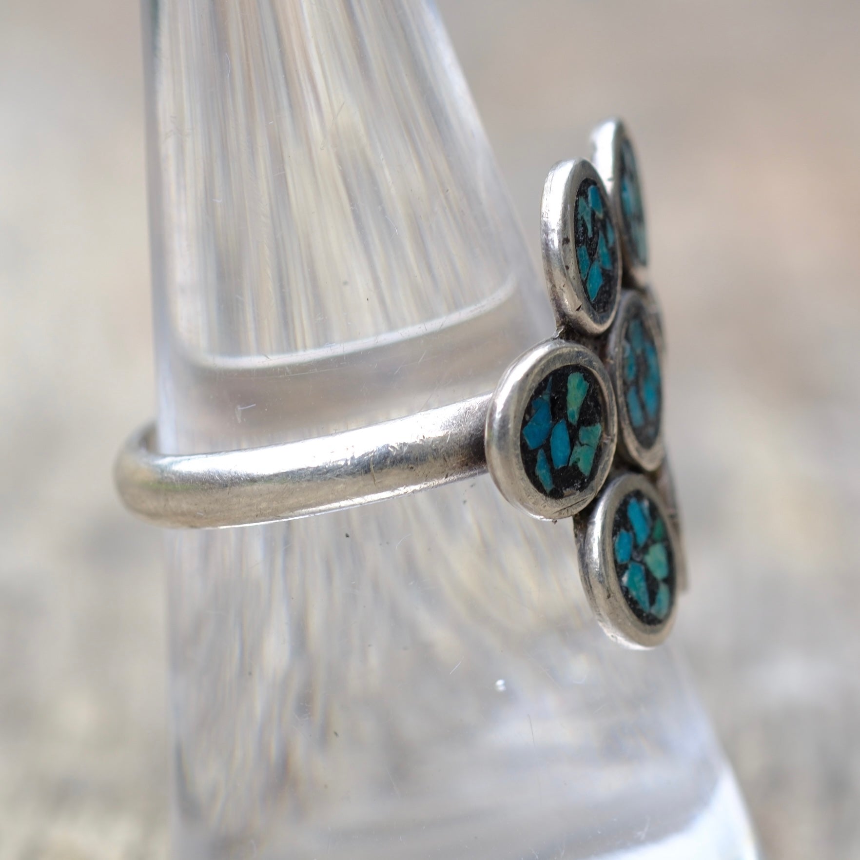 Vintage Sterling Turquoise Chip Inlay Cluster Ring 7.5
