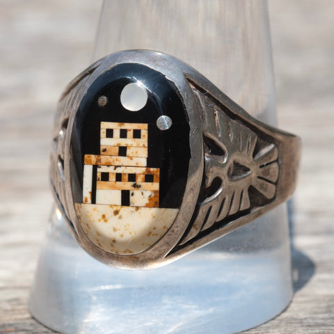 Vintage Sterling Multistone Inlay Pueblo Thunderbird Ring 12