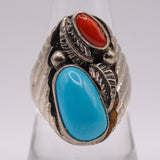 Vintage Sterling Turquoise and Coral Feather Ring 9.25