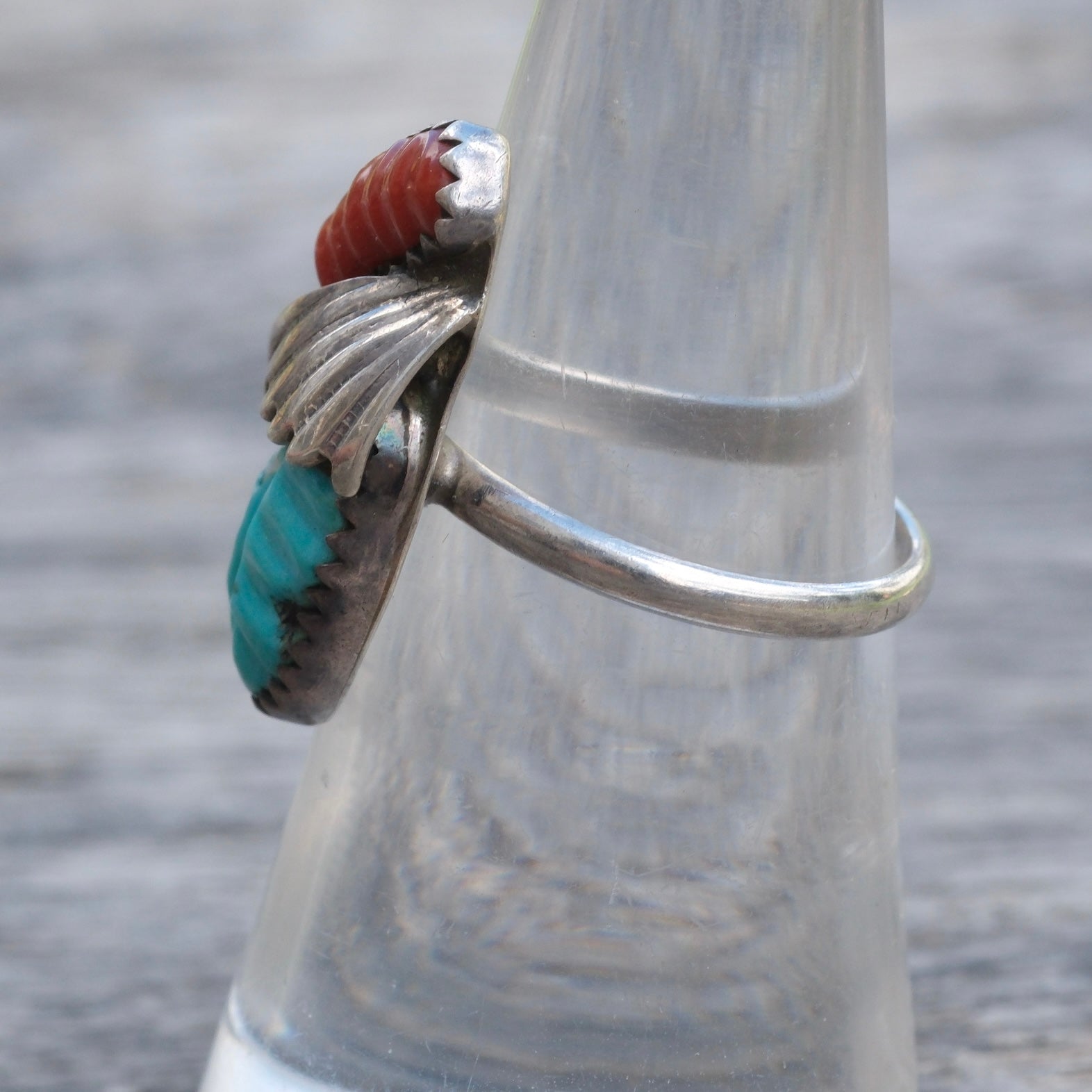 Vintage Sterling Carved Turquoise and Coral Feather Ring 6.5