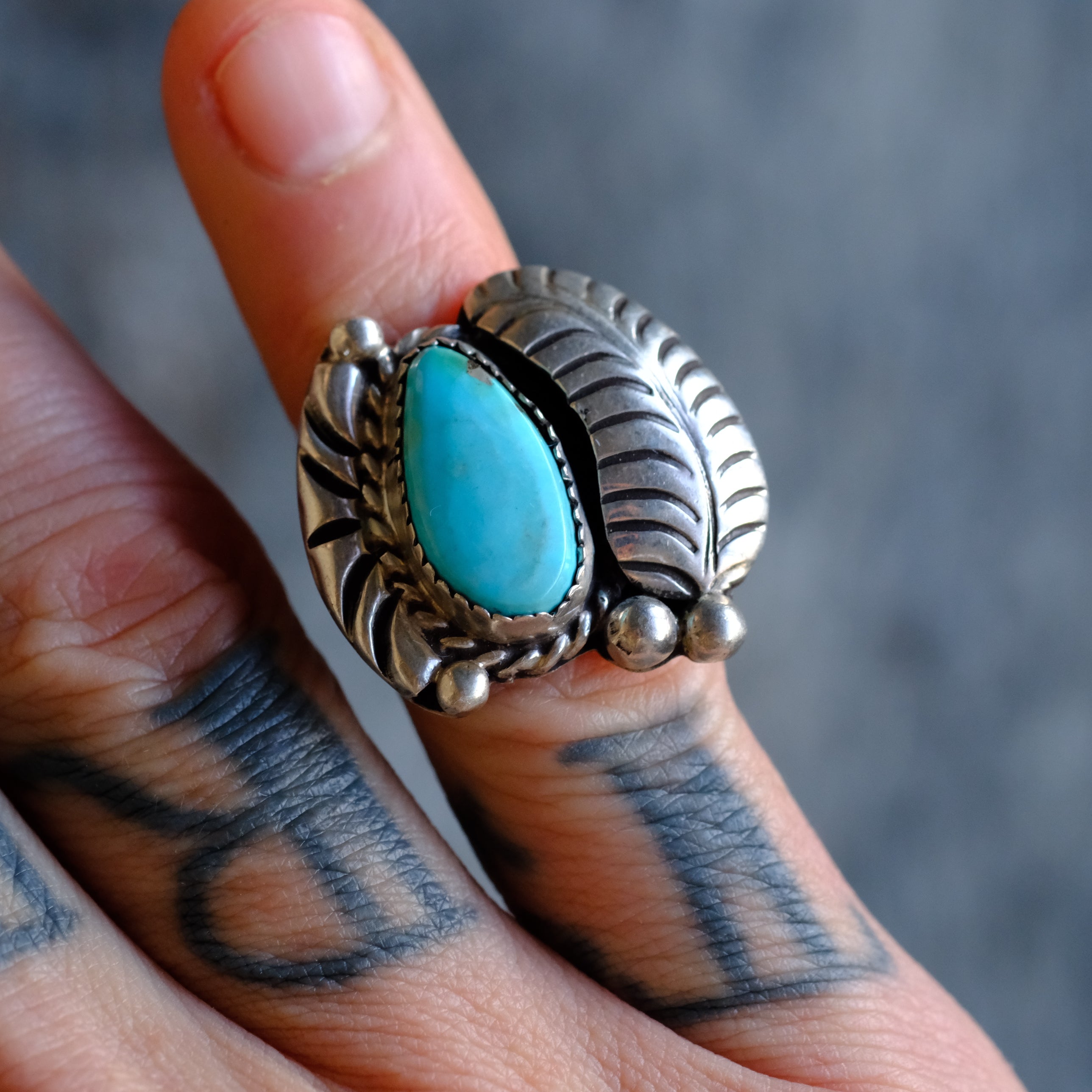 Vintage Sterling Turquoise Feather Ring 5