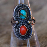 Vintage Sterling Turquoise and Coral Roper Ring 7