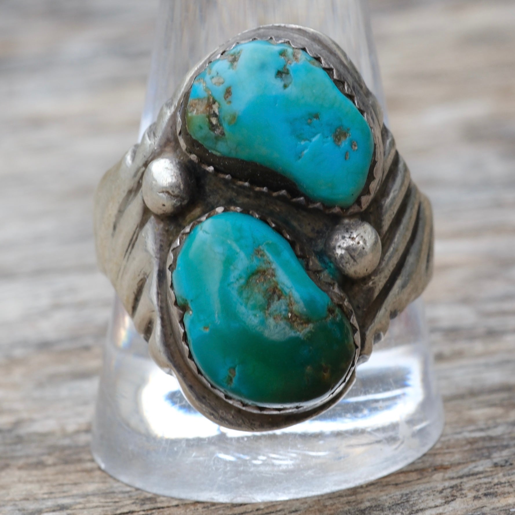 Vintage Sterling 2-Stone Turquoise Stamped Band Ring 12