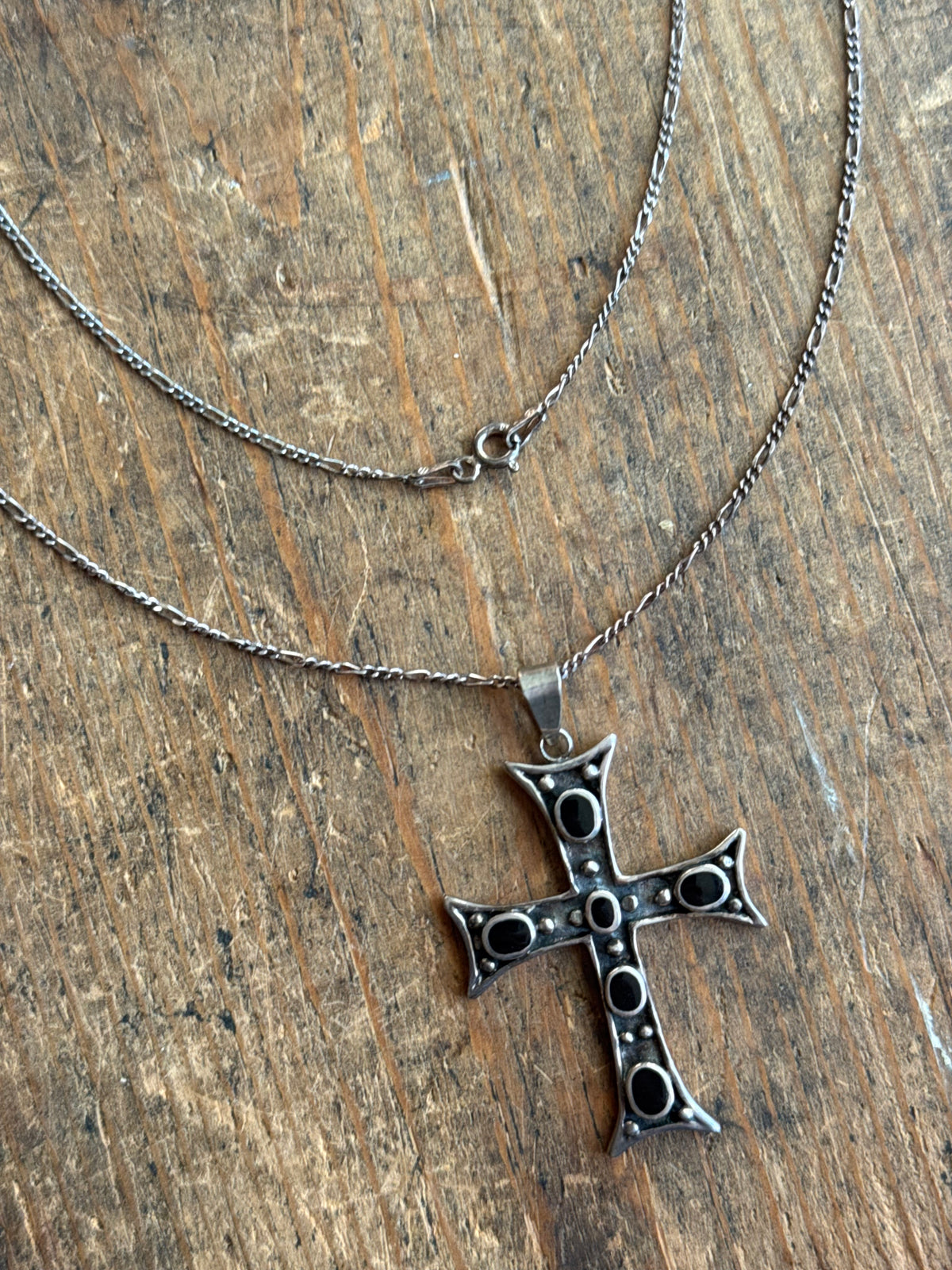 Vintage Sterling Silver Onyx Inlay Cross Necklace