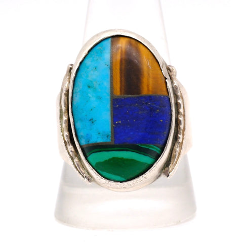 Vintage Sterling Multisistone Inlay Feather Ring 12