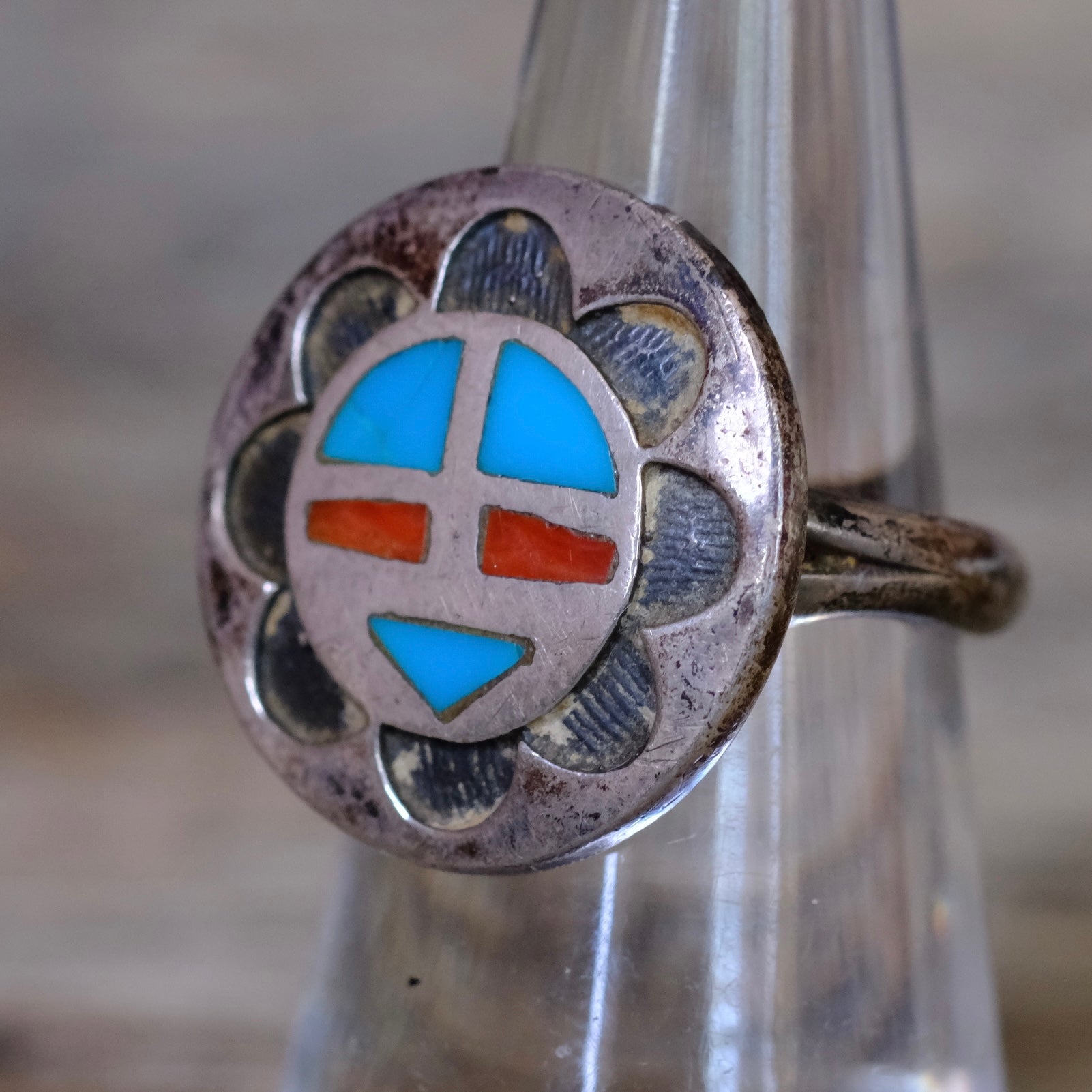 Vintage Sterling Inlay Zuni Ring 5.75