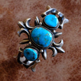 HEAVY Vintage Sterling Blue Gem Turquoise Sandcast Cuff