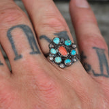 Vintage Sterling Turquoise and Coral Cluster Ring 7.25