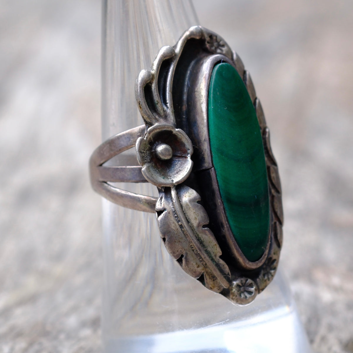 Vintage Sterling Malachite Feather Ring 7.5
