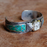 Vintage Sterling Turquoise Inlay Watch Cuff Bracelet