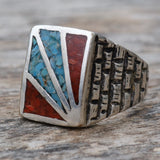 Vintage Sterling Turquoise and Coral Inlay Sunrise Ring 11