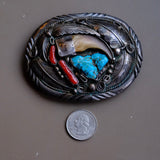Vintage Sterling Turquoise and Coral Bear Claw Belt Buckle