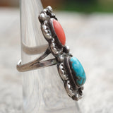 Vintage Sterling Turquoise and Coral Ring 6.25