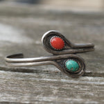 Vintage Sterling Turquoise and Coral Cuff