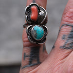 Vintage Sterling Turquoise and Coral Feather Ring 3.75