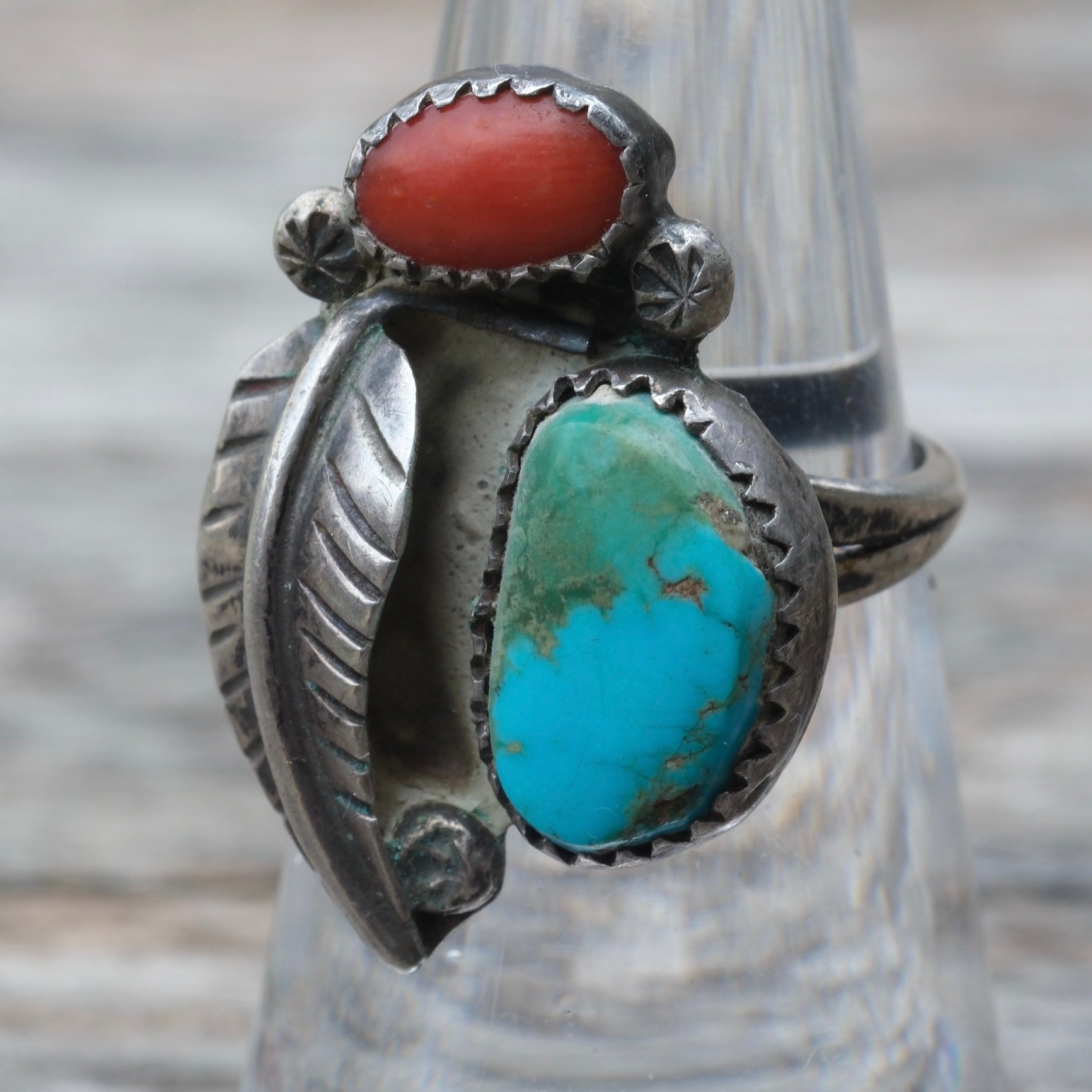 Vintage Sterling Turquoise and Coral Feather Ring 6.5