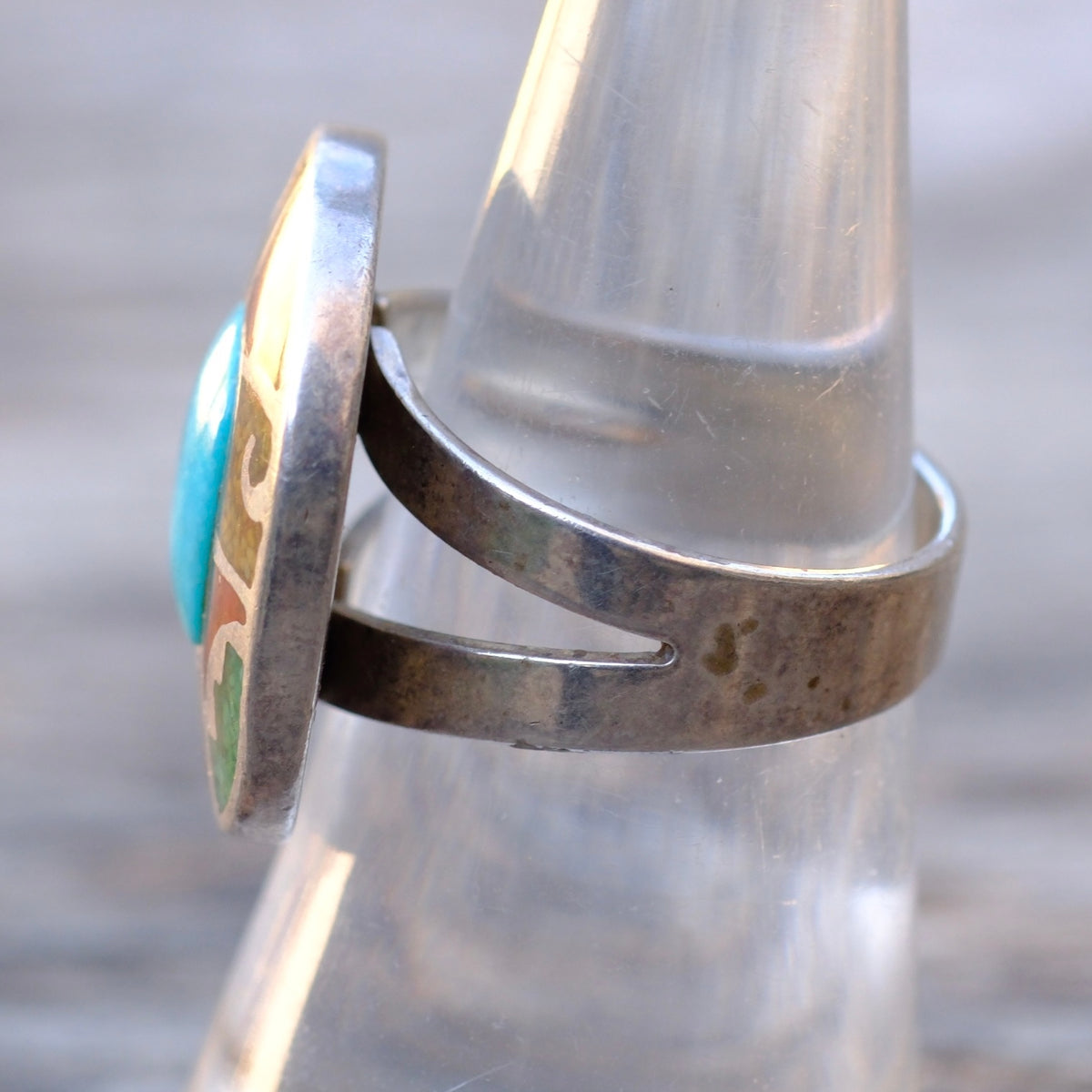 Vintage Sterling Turquoise and Coral Inlay Ring 7.75