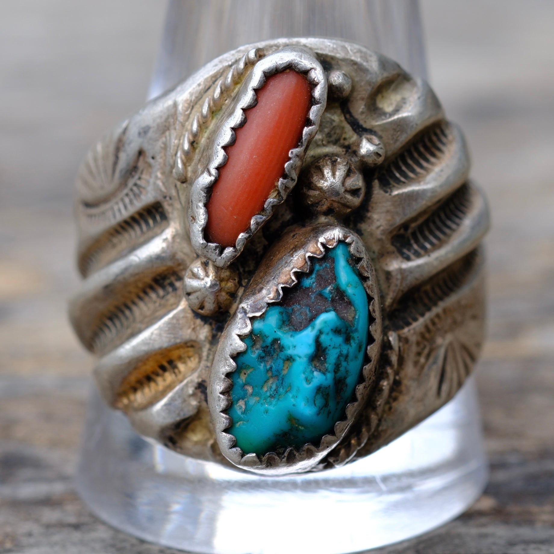 Vintage Sterling Turquoise and Coral Ring 12.25