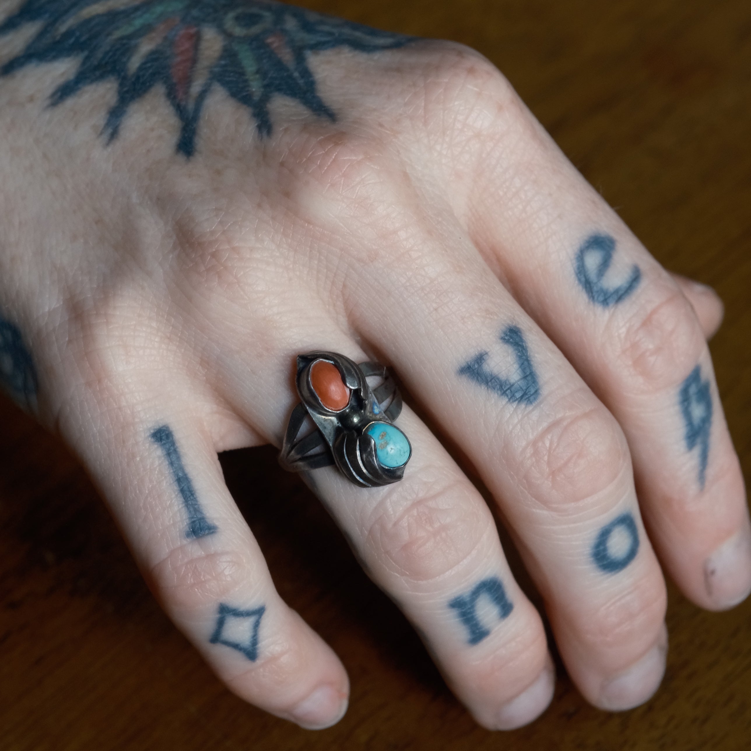 Vintage Sterling Turquoise and Coral Feather Ring 6