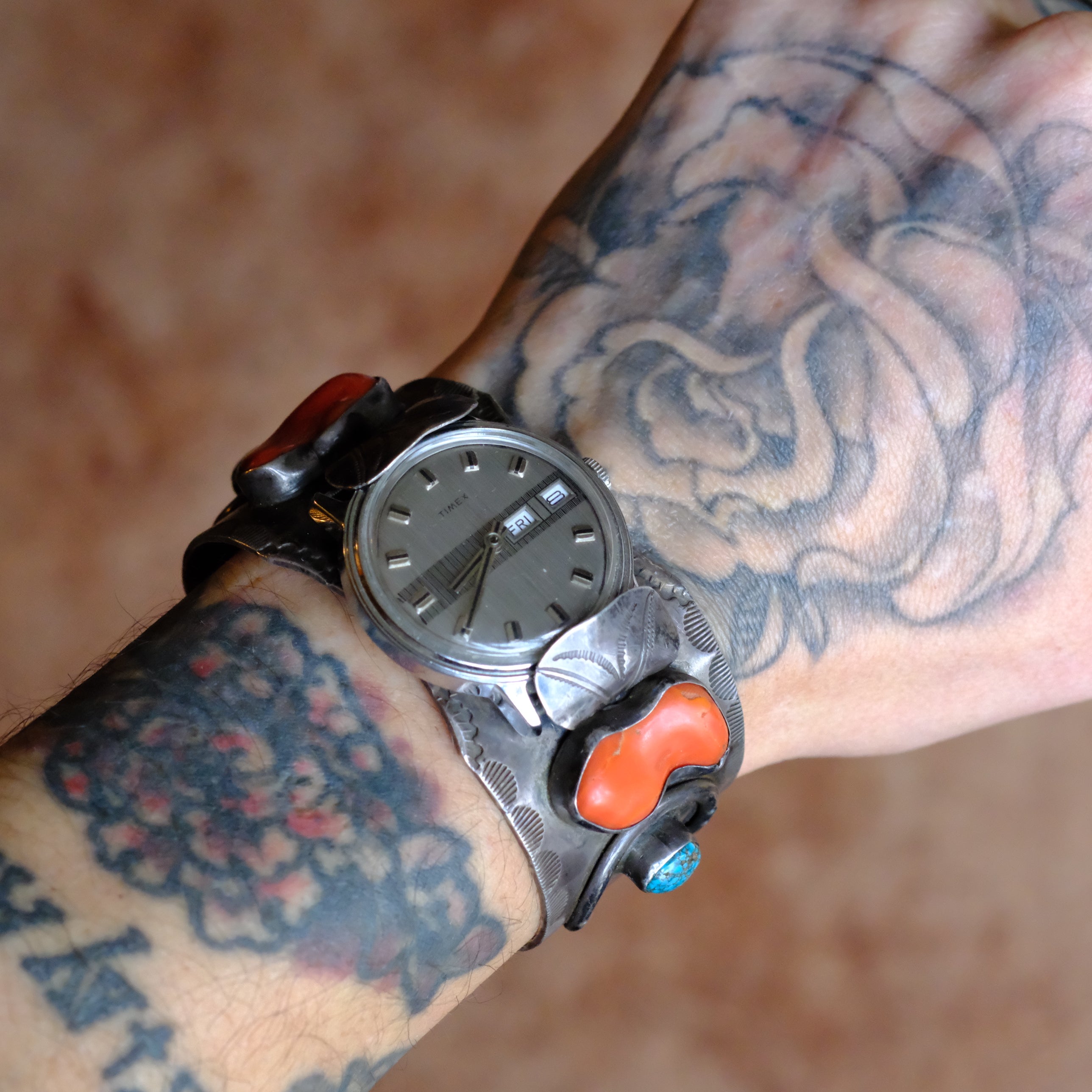 Vintage Sterling Turquoise and Coral Horseshoe Watch Cuff Bracelet