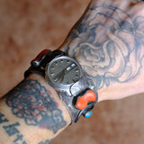 Vintage Sterling Turquoise and Coral Horseshoe Watch Cuff Bracelet