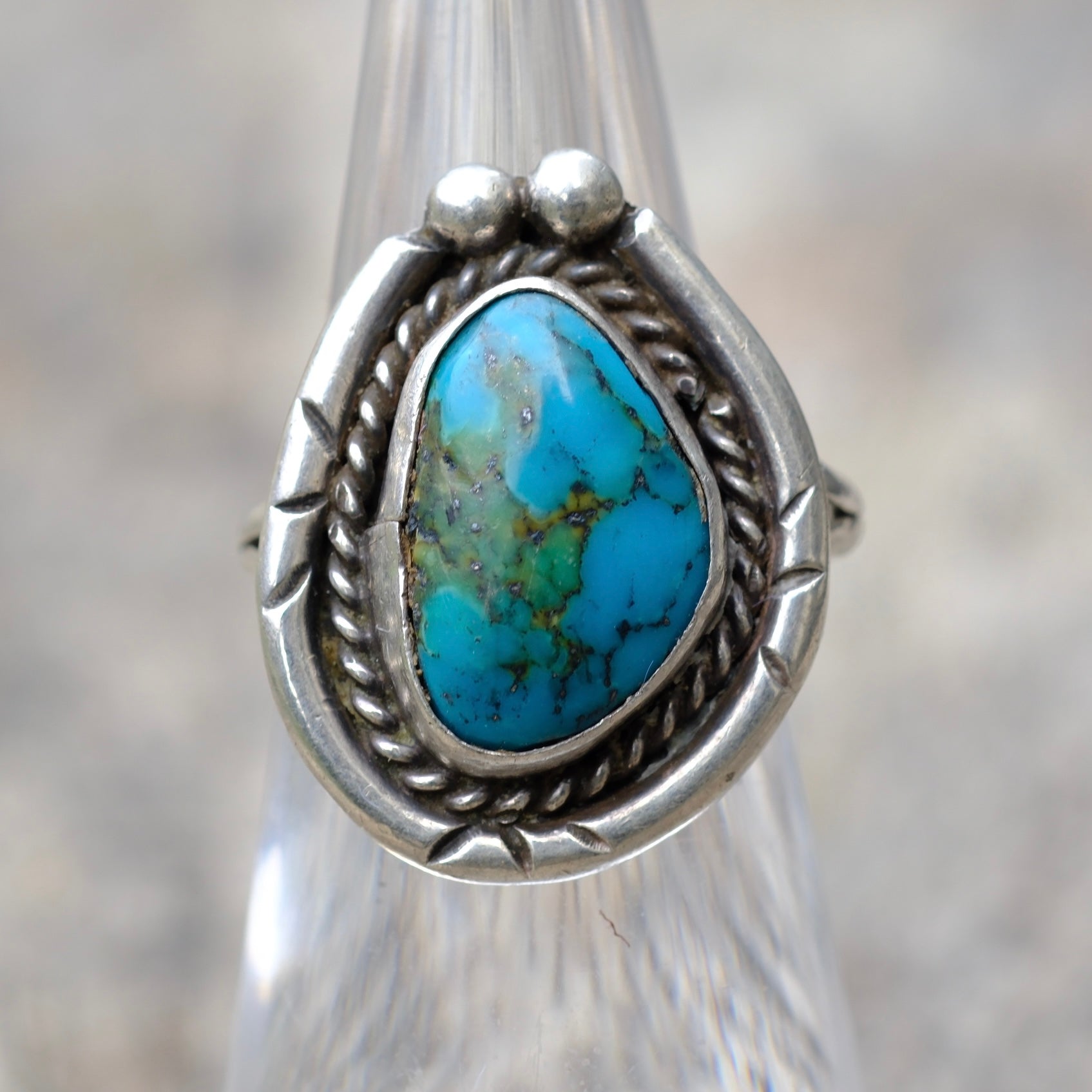 Vintage Sterling Turquoise Roper Ring 4.5