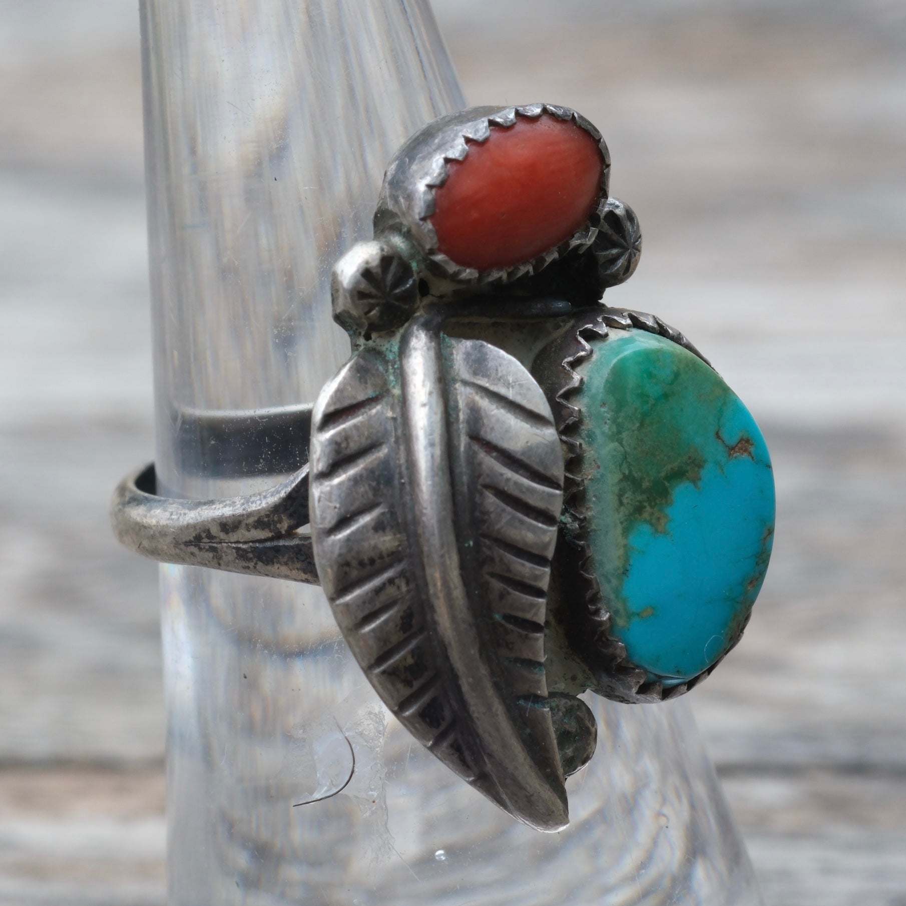 Vintage Sterling Turquoise and Coral Feather Ring 6.5
