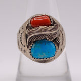 Vintage Sterling Turquoise and Coral Feather Ring 9.25