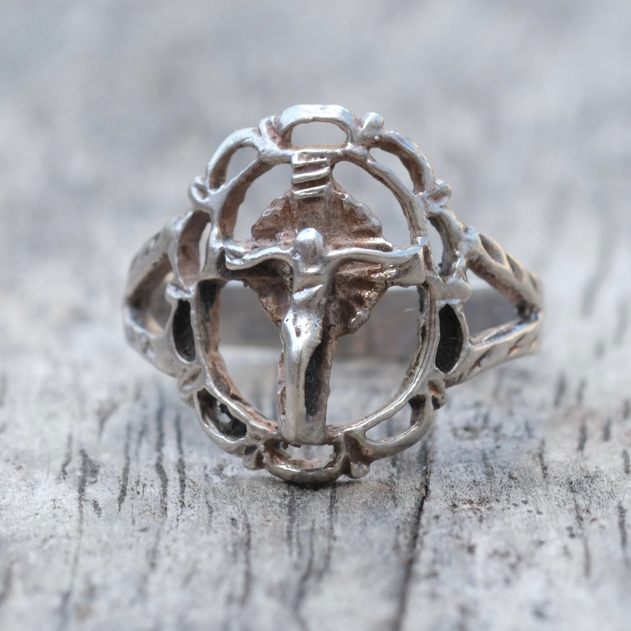 Vintage Sterling Silver Jesus Ring 5.75