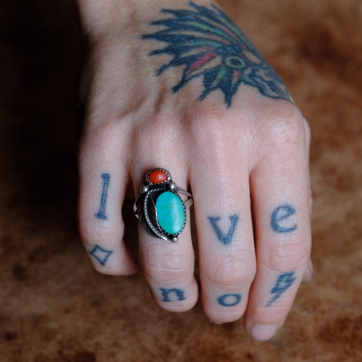 Vintage Sterling Turquoise and Coral Feather Ring 6.75