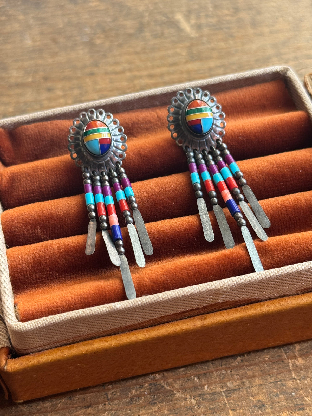 Vintage Sterling Silver Multistone Beaded Fringe Concho Earrings