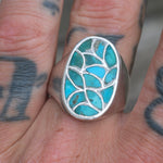 Vintage Sterling Turquoise Inlay Fish Scale Ring 10.5