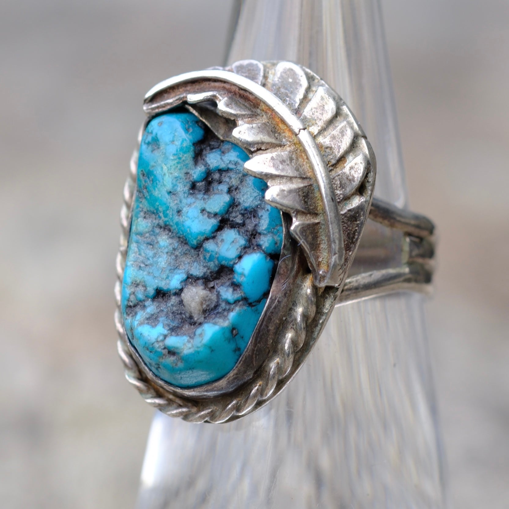 Vintage Sterling Turquoise Feather Ring 5