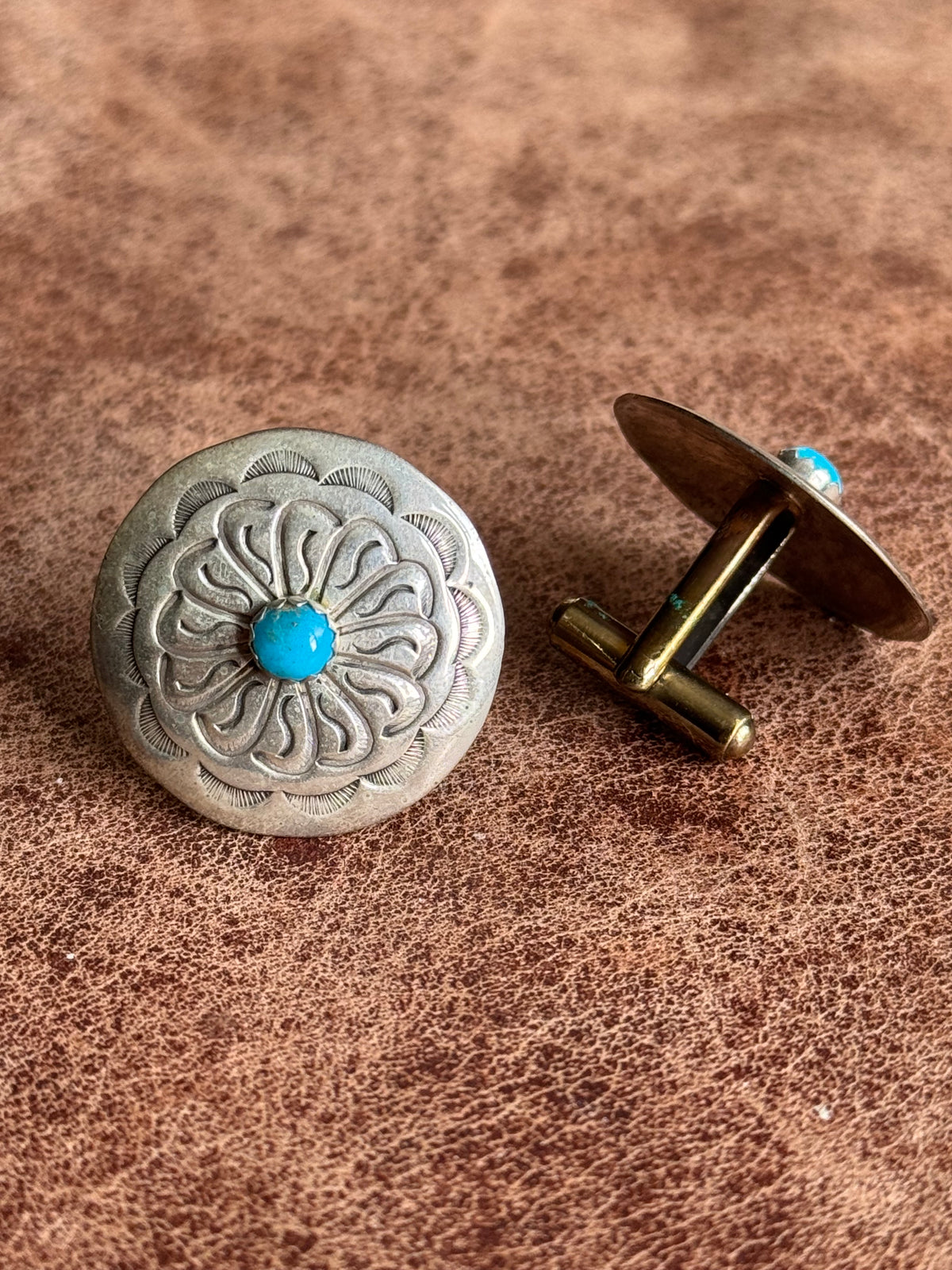 Vintage Sterling Silver Stamped Turquoise Concho Cufflinks
