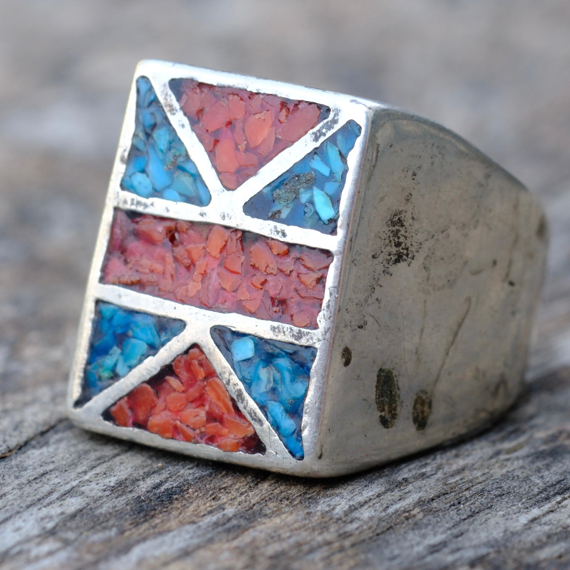 Vintage Sterling Turquoise and Coral Inlay Ring 9.5