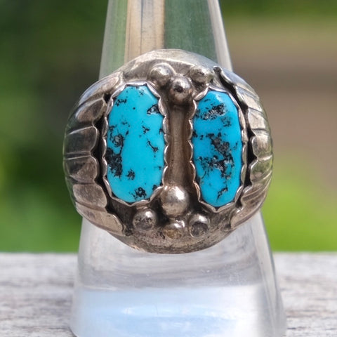 Vintage Sterling 2-Stone Turquoise Ring 9.75