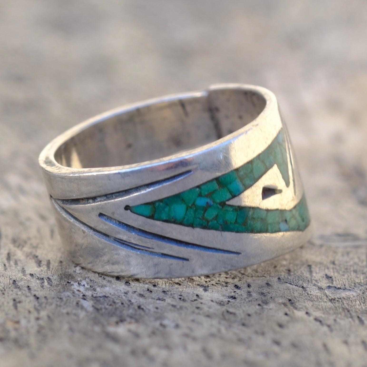Vintage Sterling Turquoise and Coral Inlay Ring 6.25