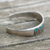 Vintage Sterling Turquoise and Coral Inlay Cuff