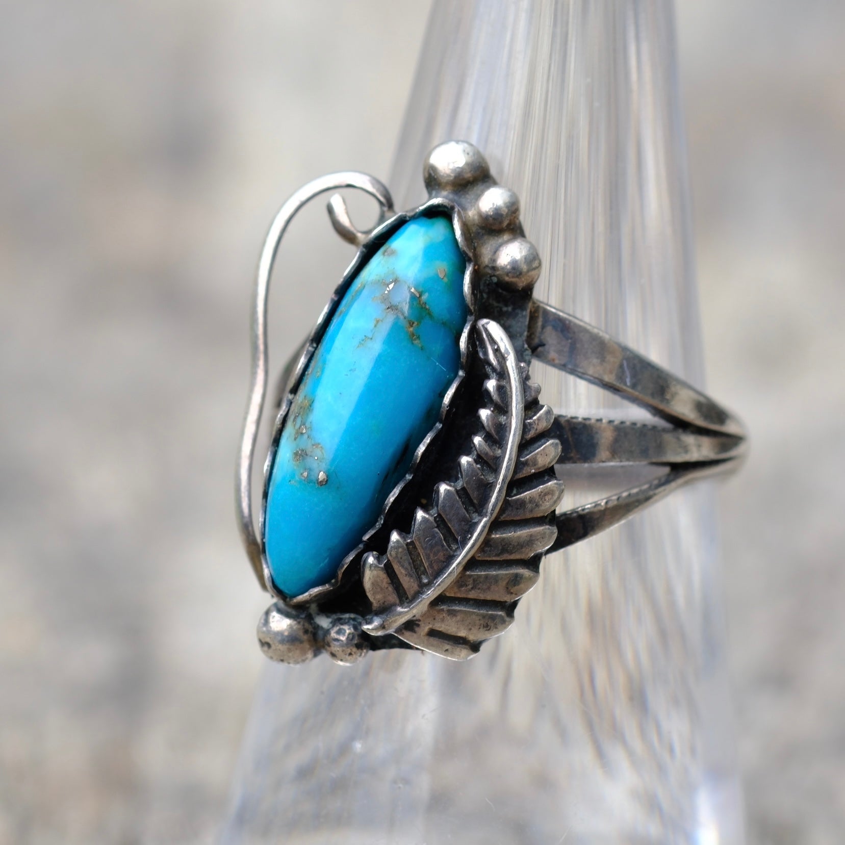Vintage Sterling Turquoise Feather Ring 6.75