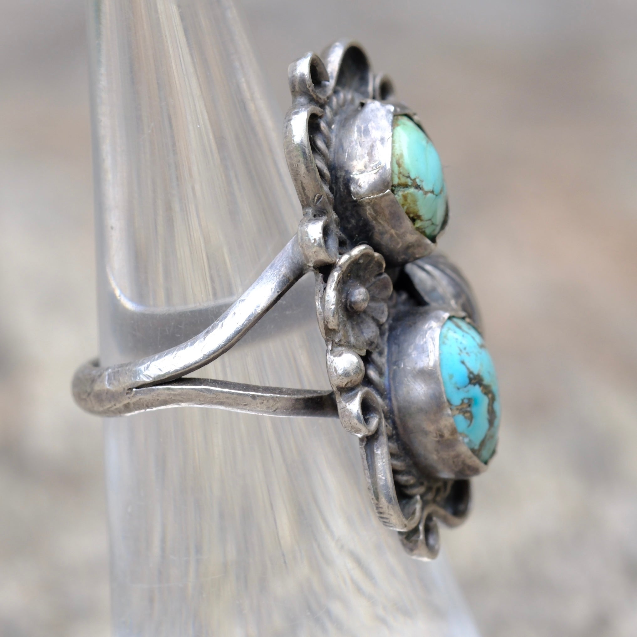 Vintage Sterling 2-Stone Turquoise Feather Ring 5.75