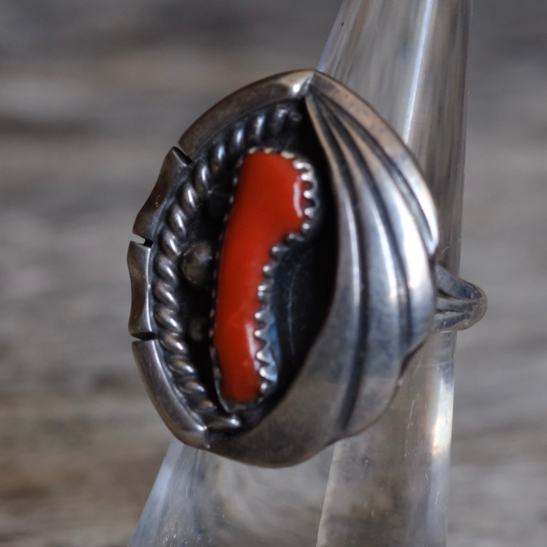 Vintage Sterling Coral Feather Ring 5