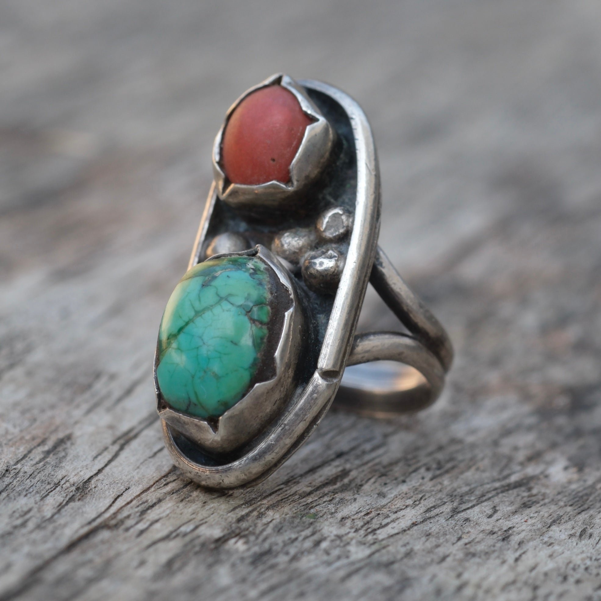 Vintage Sterling Turquoise and Coral Ring 3.5