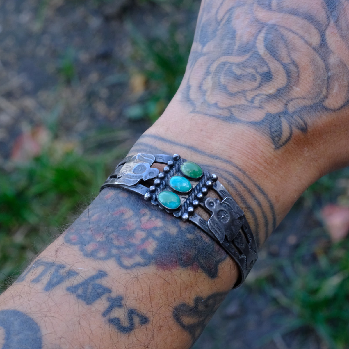 Vintage Sterling 3-Stone Turquoise Thunderbird Cuff Bracelet