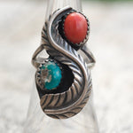 Vintage Sterling Turquoise and Coral Feather Ring 5.75