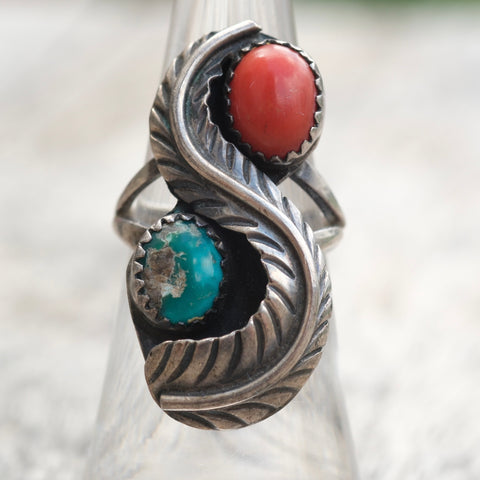 Vintage Sterling Turquoise and Coral Feather Ring 5.75