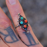 Vintage Sterling Turquoise and Coral Cluster Ring 4.5