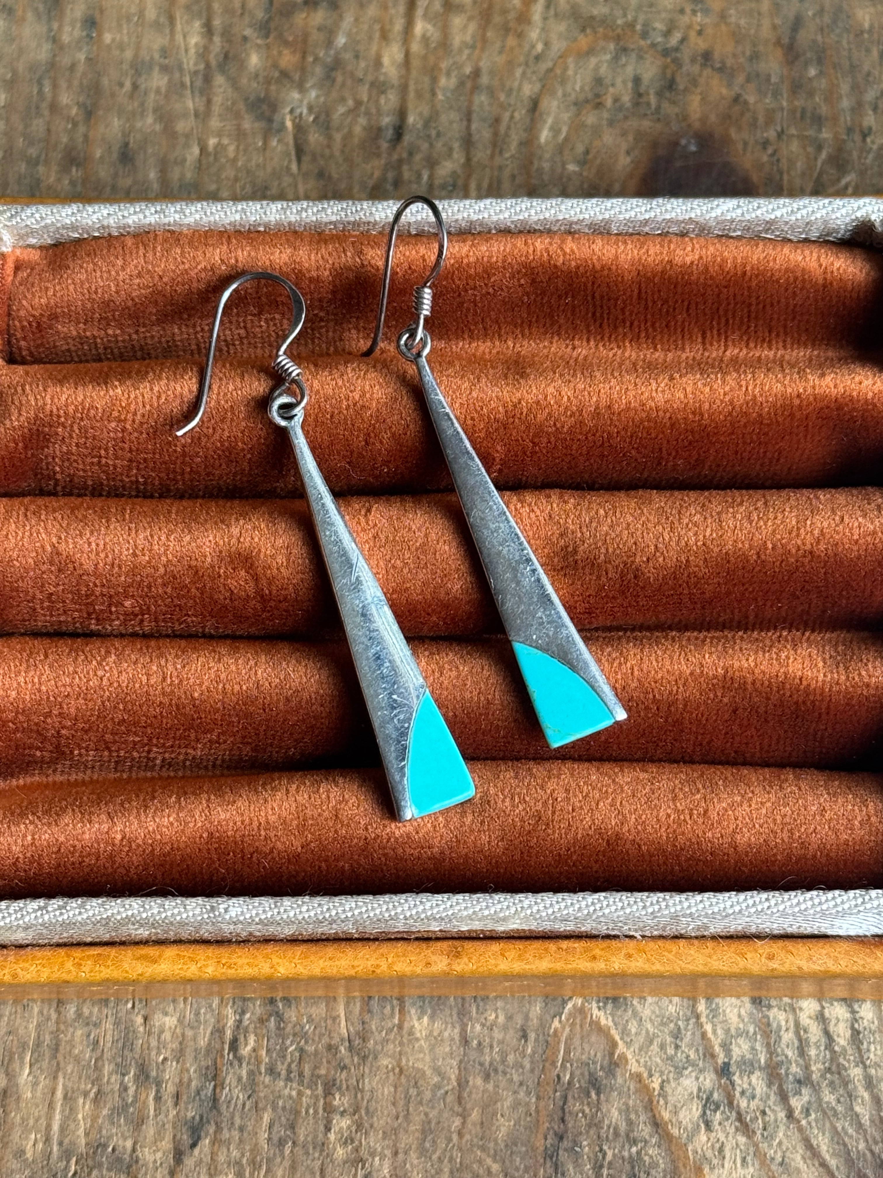 Vintage Sterling Silver Turquoise Inlay Triangle Earrings