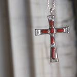 Vintage Sterling 7-Stone Coral  Cross Necklace